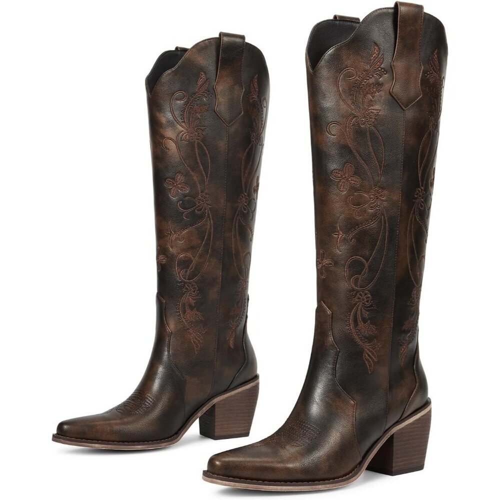 Women's Dark Brown Cowboy Boots Knee High Comfort Vintage Floral Embroidery